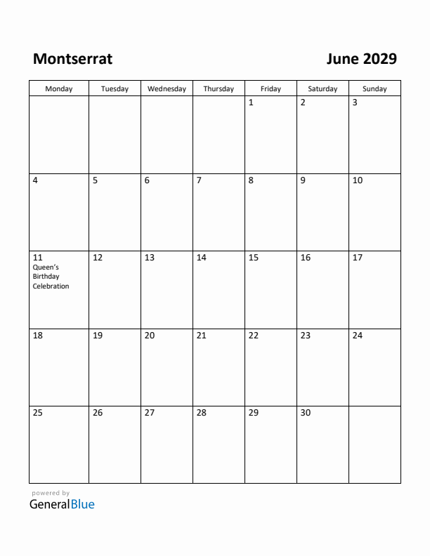 June 2029 Calendar with Montserrat Holidays