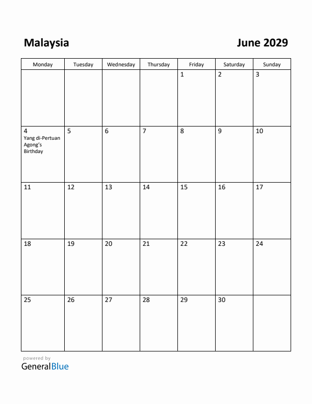 June 2029 Calendar with Malaysia Holidays