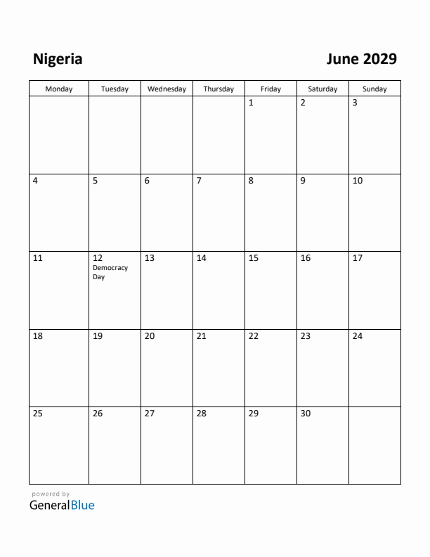 June 2029 Calendar with Nigeria Holidays