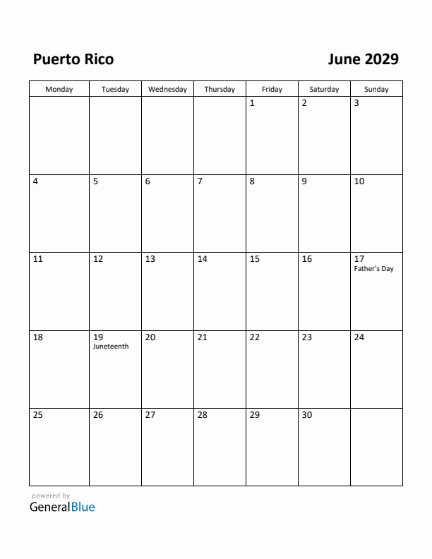 June 2029 Calendar with Puerto Rico Holidays