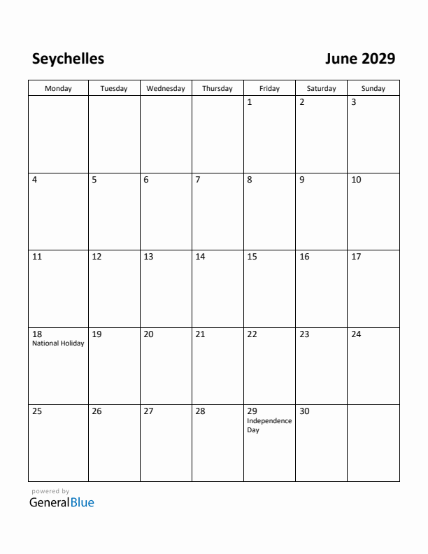 June 2029 Calendar with Seychelles Holidays