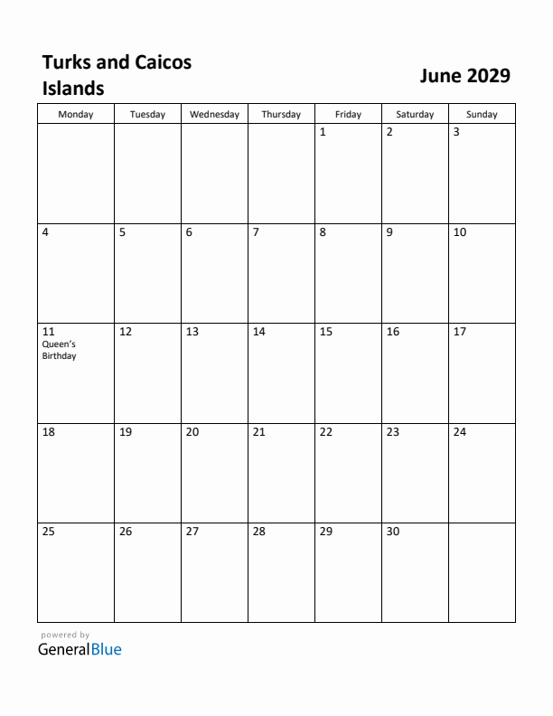 June 2029 Calendar with Turks and Caicos Islands Holidays