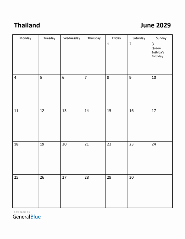 June 2029 Calendar with Thailand Holidays