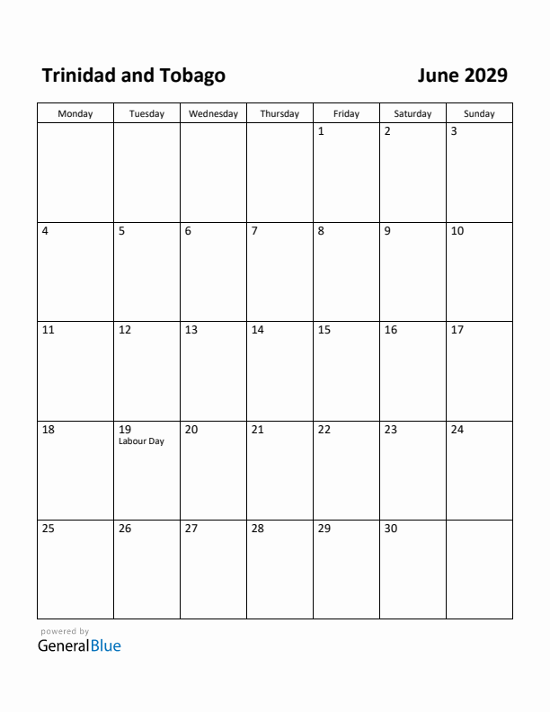 June 2029 Calendar with Trinidad and Tobago Holidays