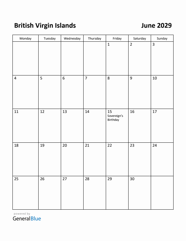 June 2029 Calendar with British Virgin Islands Holidays