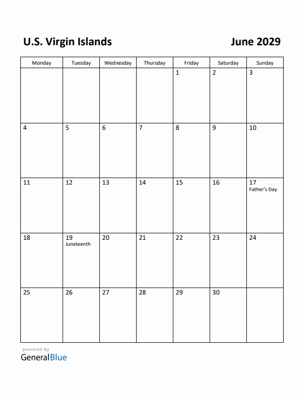 June 2029 Calendar with U.S. Virgin Islands Holidays