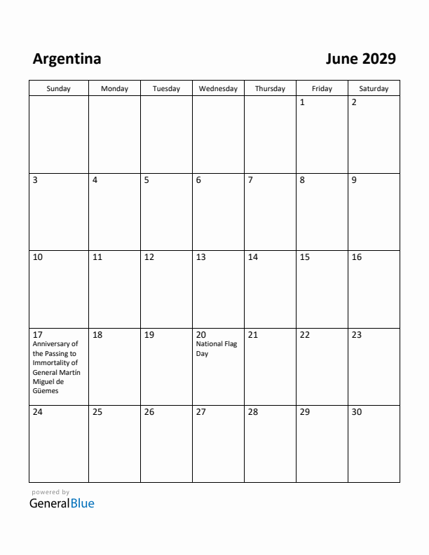 June 2029 Calendar with Argentina Holidays