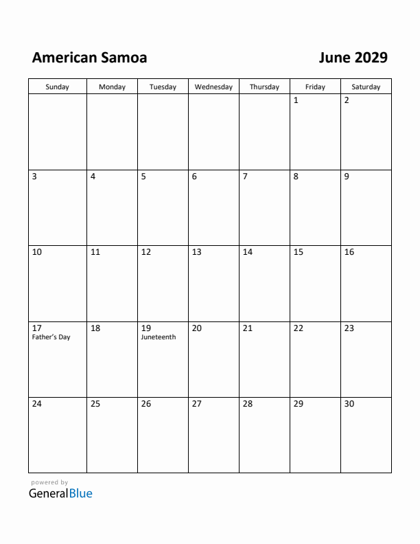 June 2029 Calendar with American Samoa Holidays