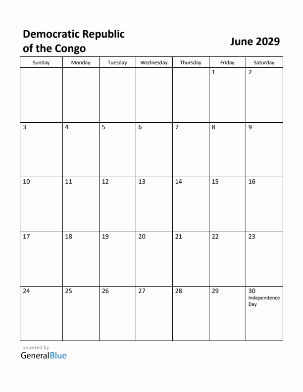 June 2029 Calendar with Democratic Republic of the Congo Holidays
