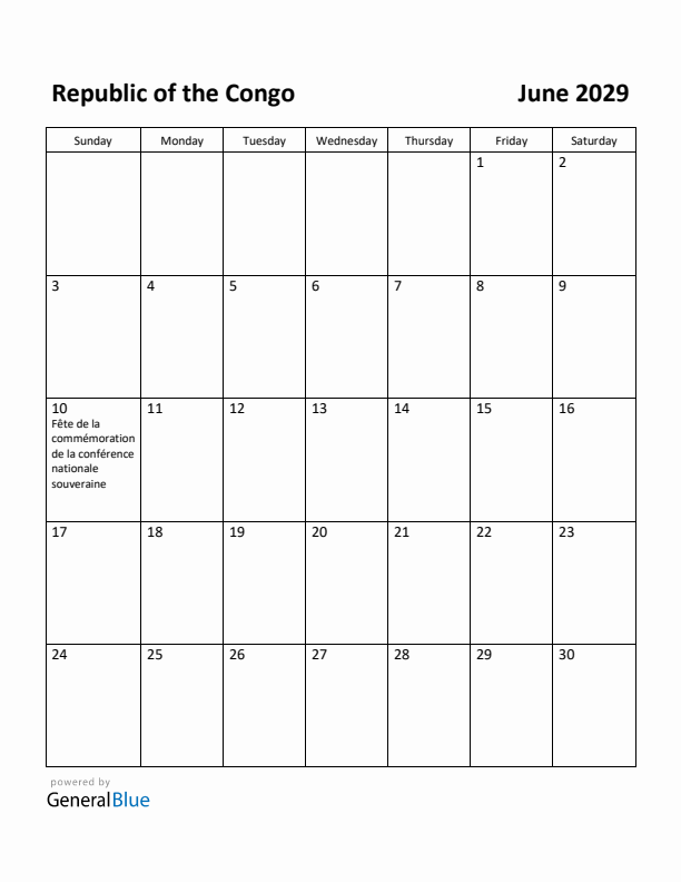 June 2029 Calendar with Republic of the Congo Holidays