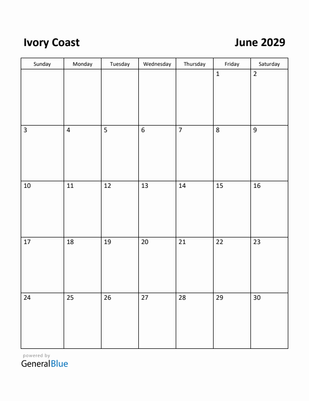 June 2029 Calendar with Ivory Coast Holidays