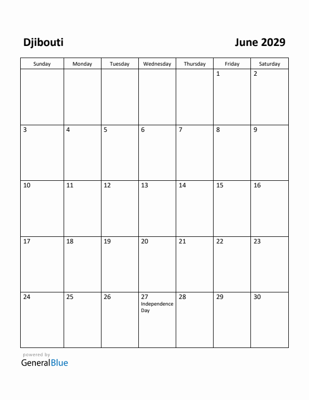 June 2029 Calendar with Djibouti Holidays