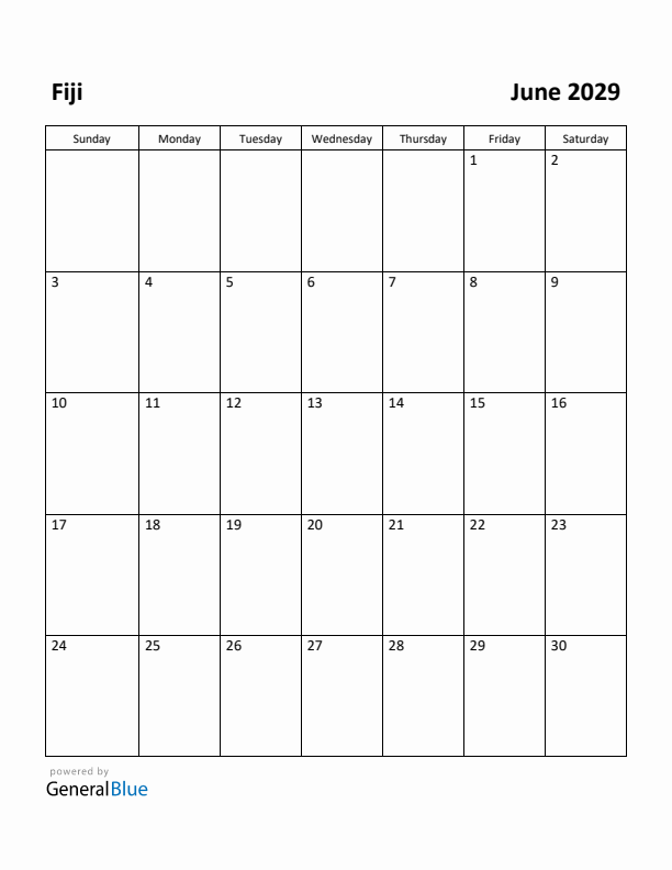June 2029 Calendar with Fiji Holidays
