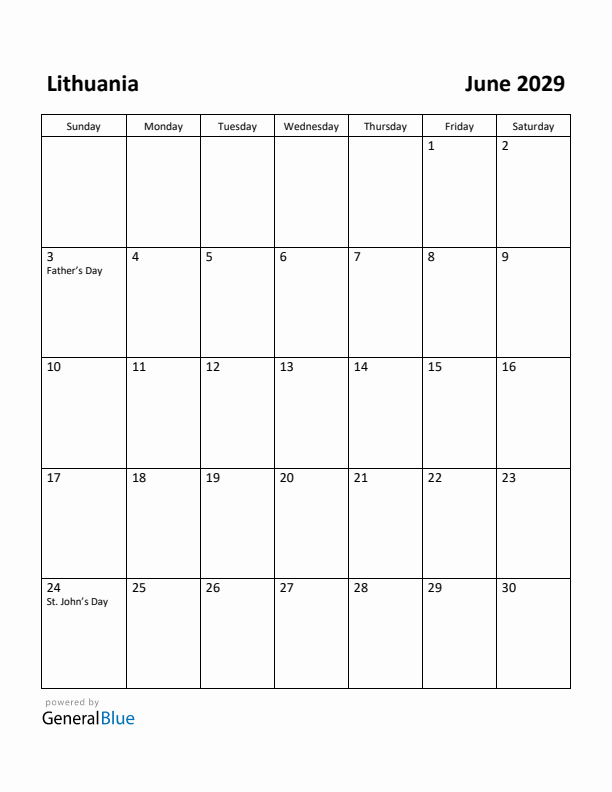 June 2029 Calendar with Lithuania Holidays