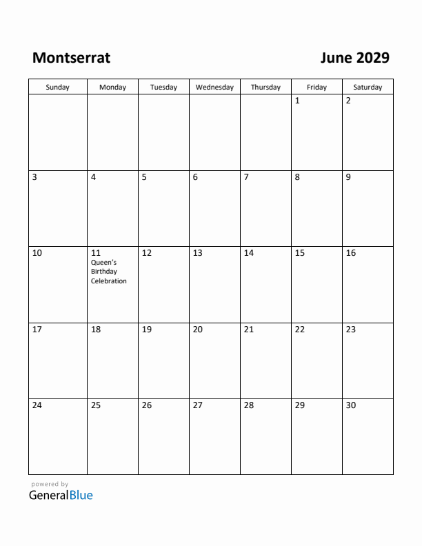 June 2029 Calendar with Montserrat Holidays