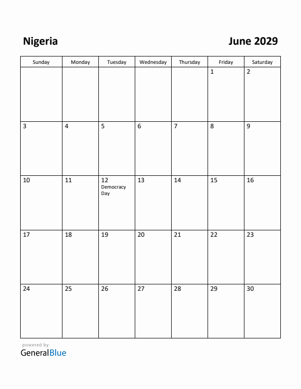 June 2029 Calendar with Nigeria Holidays