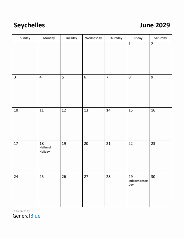 June 2029 Calendar with Seychelles Holidays