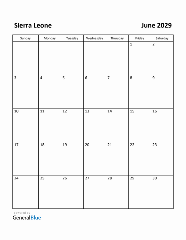 June 2029 Calendar with Sierra Leone Holidays