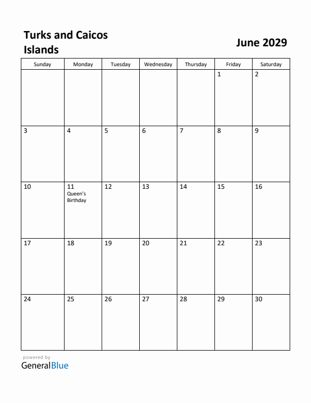 June 2029 Calendar with Turks and Caicos Islands Holidays