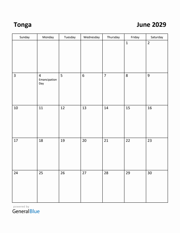 June 2029 Calendar with Tonga Holidays