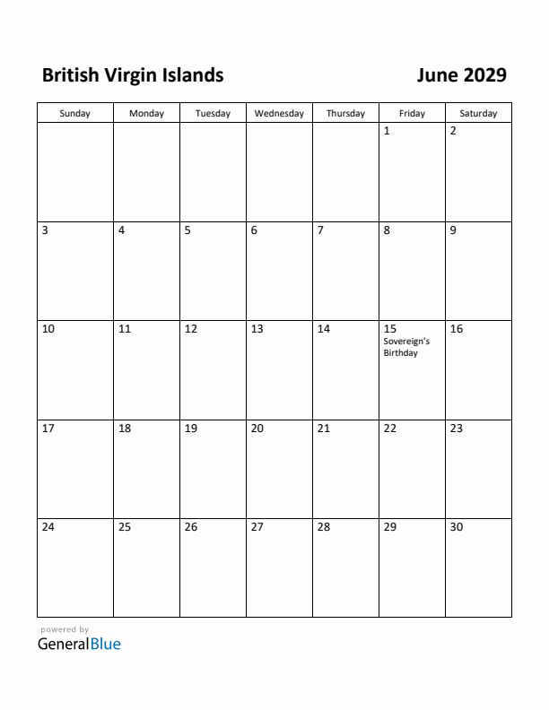 June 2029 Calendar with British Virgin Islands Holidays