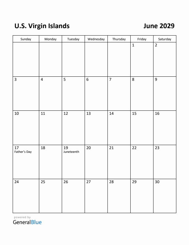 June 2029 Calendar with U.S. Virgin Islands Holidays