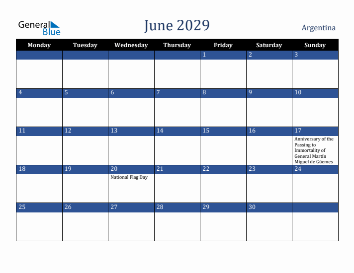 June 2029 Argentina Calendar (Monday Start)