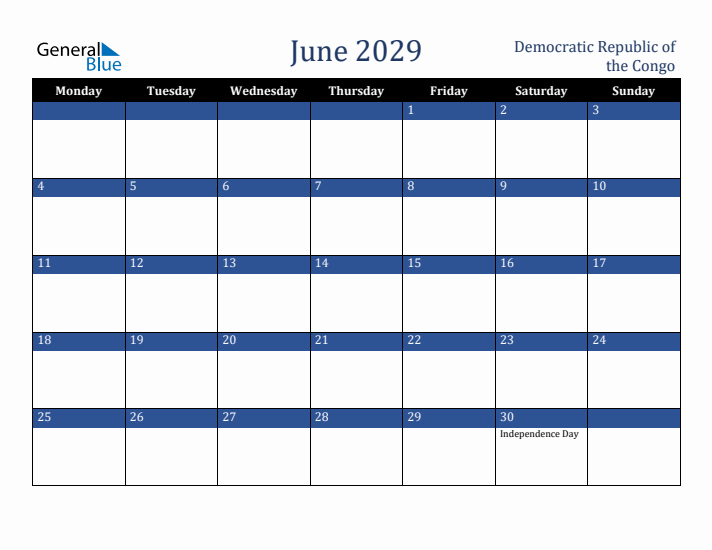 June 2029 Democratic Republic of the Congo Calendar (Monday Start)