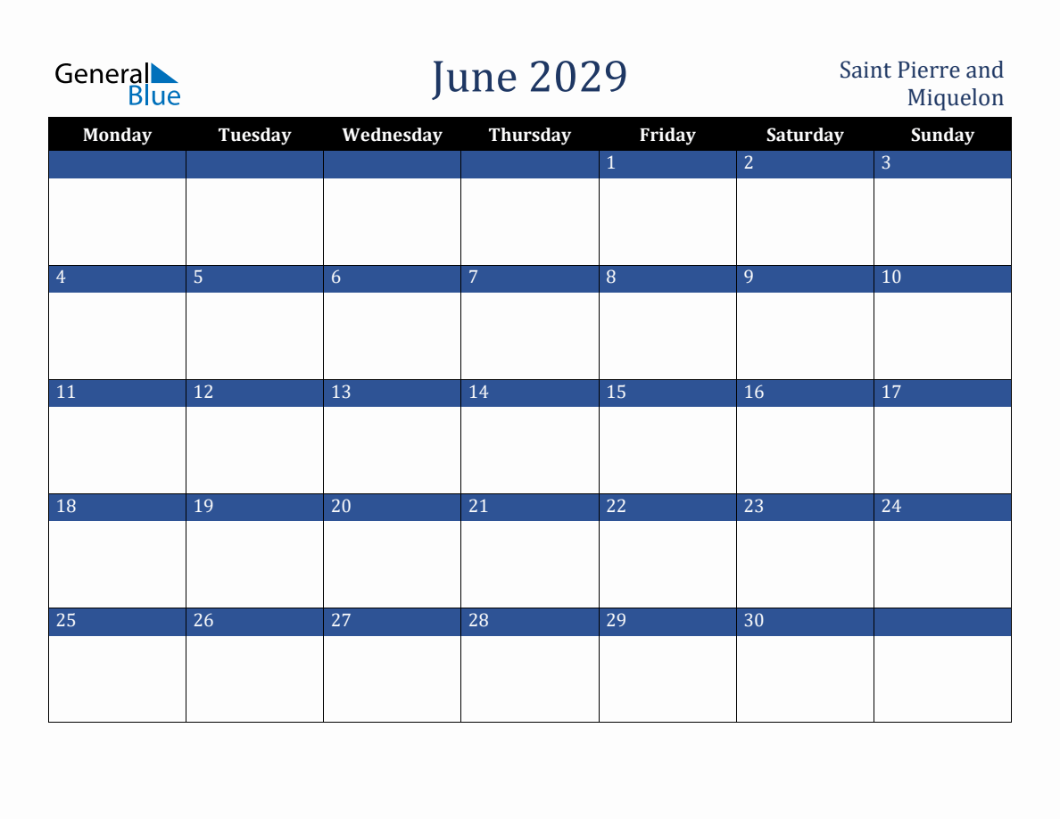 June Pierre June 2029 Saint Pierre and Miquelon Holiday Calendar (Monday Start)