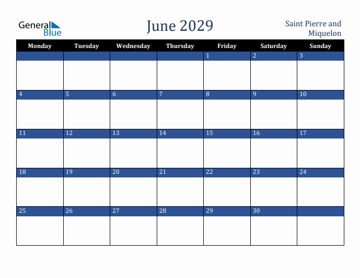 June 2029 Saint Pierre and Miquelon Calendar (Monday Start)