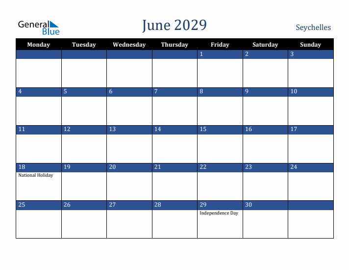 June 2029 Seychelles Calendar (Monday Start)