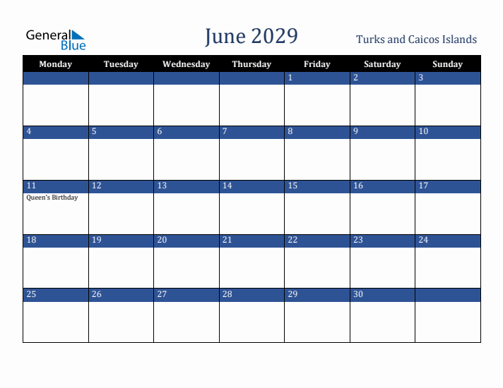 June 2029 Turks and Caicos Islands Calendar (Monday Start)
