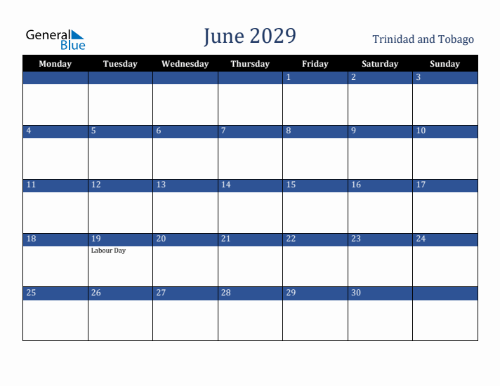 June 2029 Trinidad and Tobago Calendar (Monday Start)