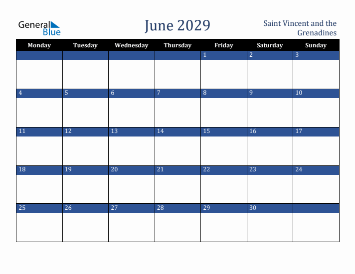 June 2029 Saint Vincent and the Grenadines Calendar (Monday Start)