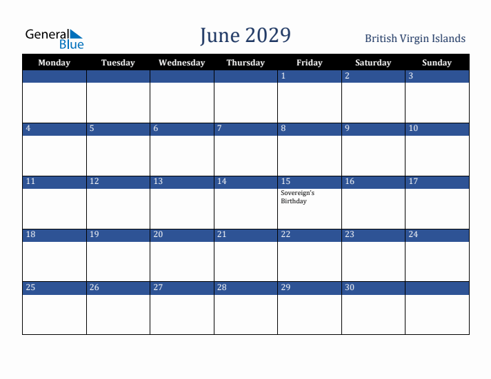 June 2029 British Virgin Islands Calendar (Monday Start)
