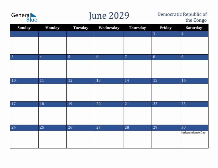 June 2029 Democratic Republic of the Congo Calendar (Sunday Start)