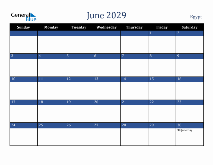 June 2029 Egypt Calendar (Sunday Start)