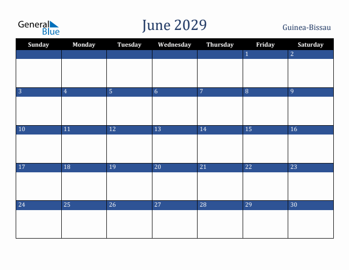 June 2029 Guinea-Bissau Calendar (Sunday Start)