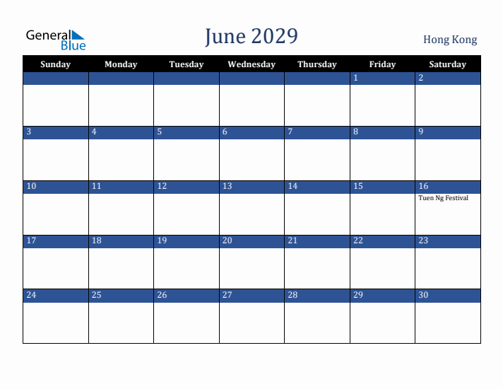 June 2029 Hong Kong Calendar (Sunday Start)