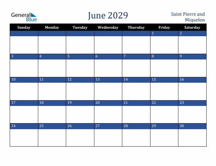 June 2029 Saint Pierre and Miquelon Calendar (Sunday Start)