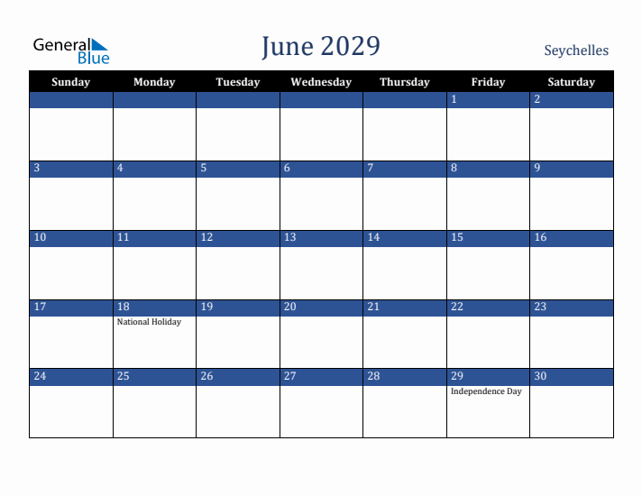 June 2029 Seychelles Calendar (Sunday Start)