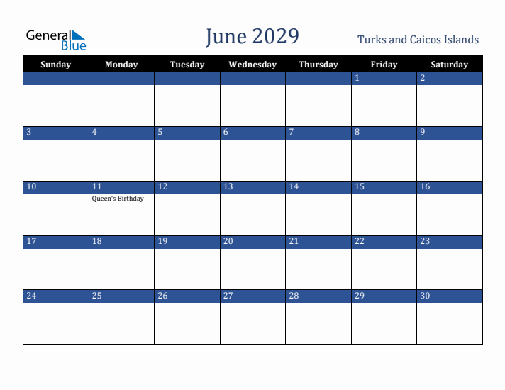 June 2029 Turks and Caicos Islands Calendar (Sunday Start)