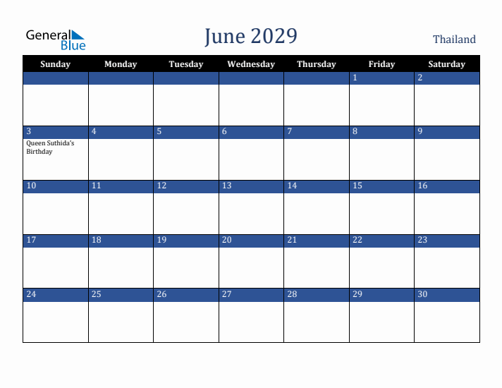June 2029 Thailand Calendar (Sunday Start)