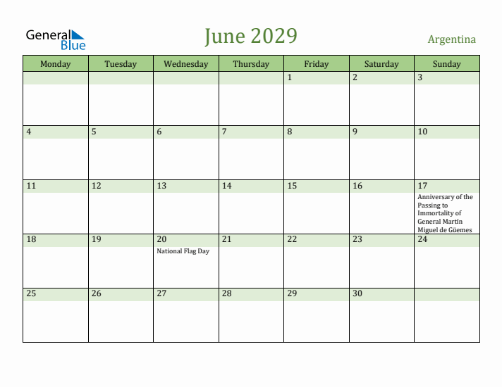 June 2029 Calendar with Argentina Holidays
