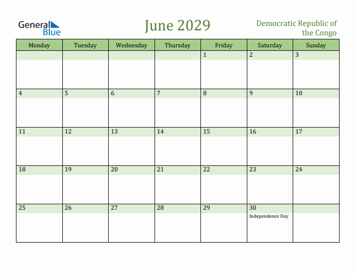 June 2029 Calendar with Democratic Republic of the Congo Holidays