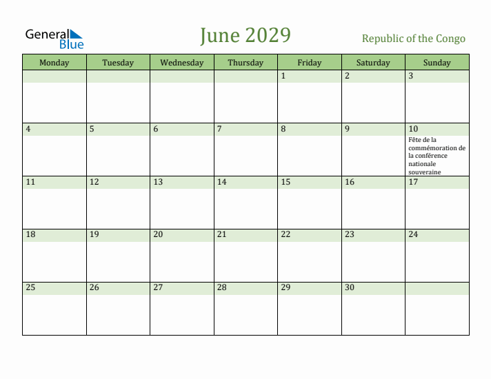 June 2029 Calendar with Republic of the Congo Holidays
