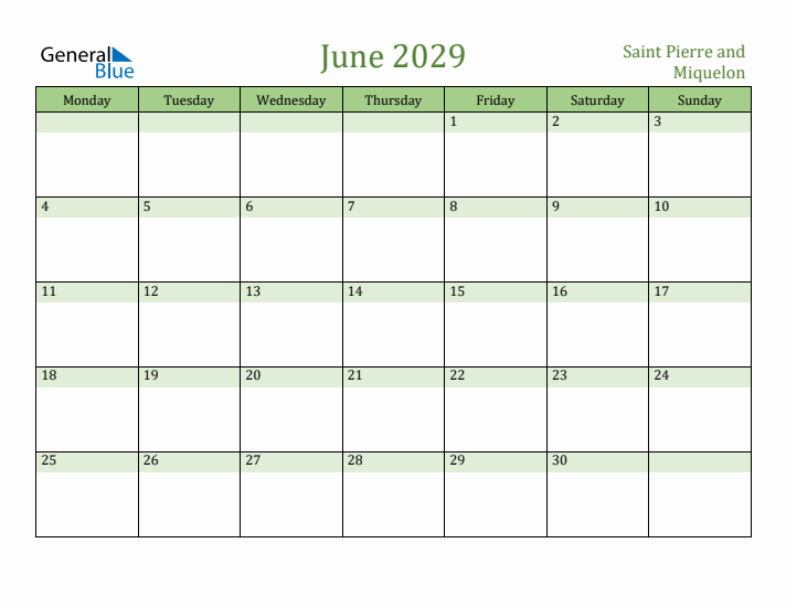 June 2029 Calendar with Saint Pierre and Miquelon Holidays