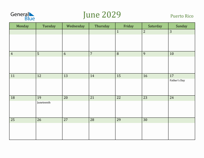 June 2029 Calendar with Puerto Rico Holidays