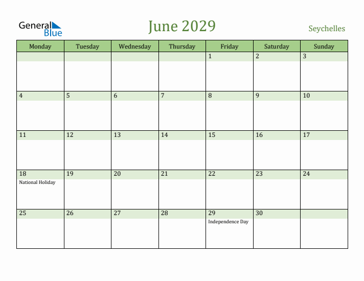 June 2029 Calendar with Seychelles Holidays