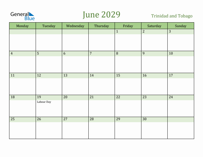 June 2029 Calendar with Trinidad and Tobago Holidays